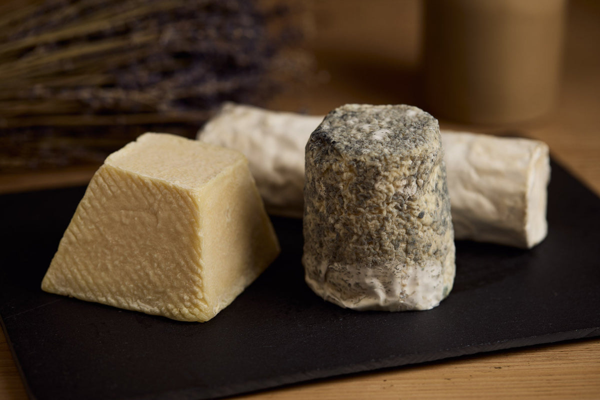 Artisan cheeses with bread, figs, walnuts, honey and olives on a cheeseboard