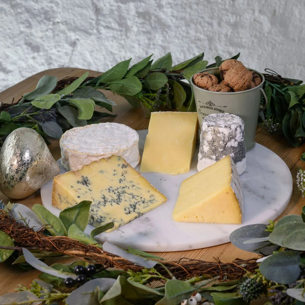 assorted christmas collection of cheese, with walnuts on a marble surface