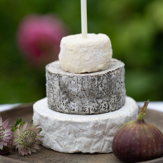 Three-tier celebration cheese cake with fig and flowers