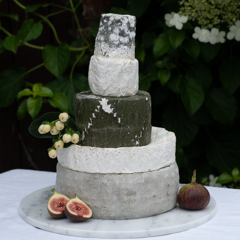 Five-tier celebration cheese cake decorated with figs and white flowers